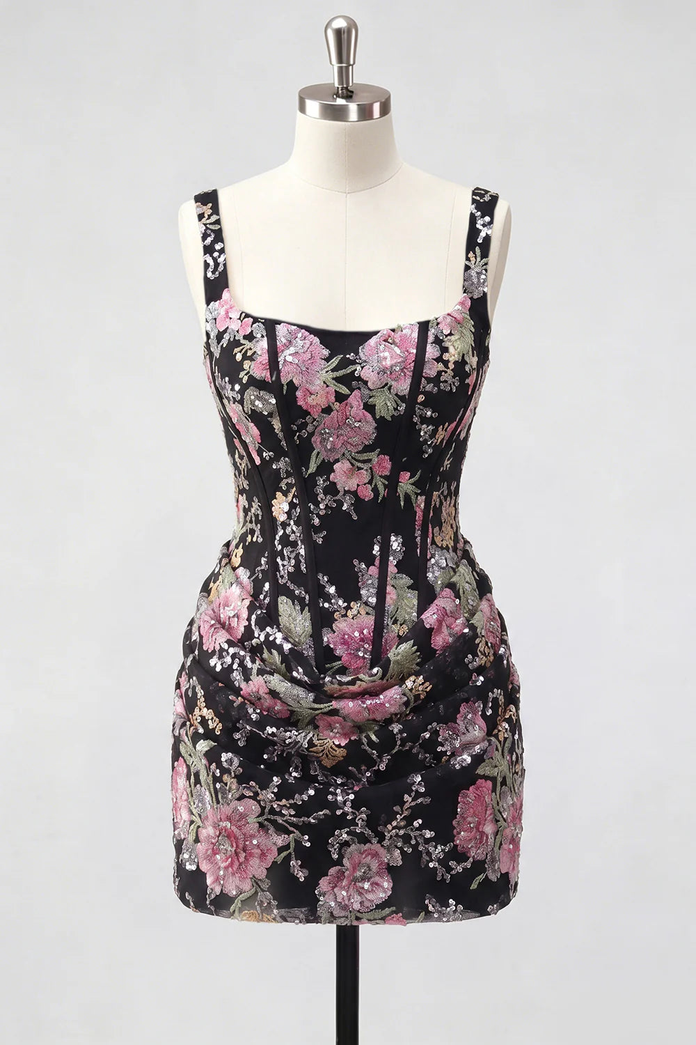Black Corset Bodycon Sequin Floral Short Homecoming Dress