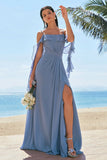 Grey Blue A Line Cold Shoulder Ruched Chiffon Long Bridesmaid Dress with Slit