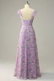 White Purple Flower A Line V Neck Floor Length Chiffon Bridesmaid Dress