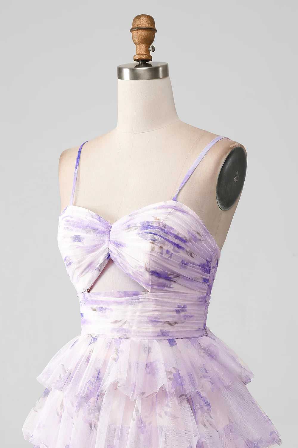 Lavender Flower A Line Spaghetti Straps Tiered Pleated Short Homecoming Dress