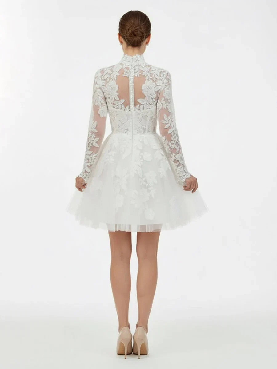 Short White A Line Illusion Neck Long Sleeves Lace Wedding Dresses
