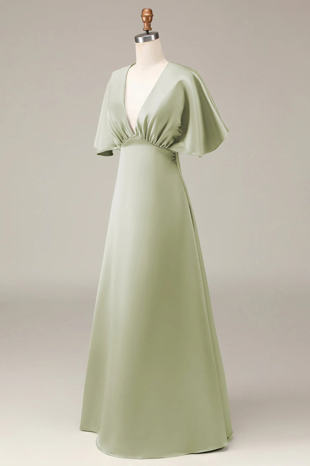 Dusty Sage A Line V Neck Satin Bridesmaid Dress With Short Sleeves