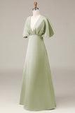 Dusty Sage A Line V Neck Satin Bridesmaid Dress With Short Sleeves