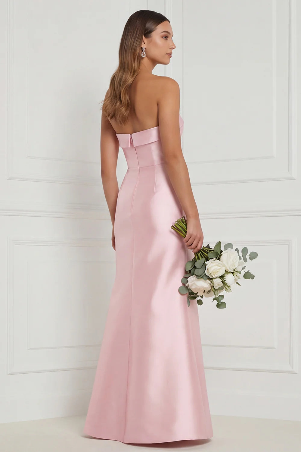 Strapless Mermaid Dusty Rose Satin Long Bridesmaid Dress