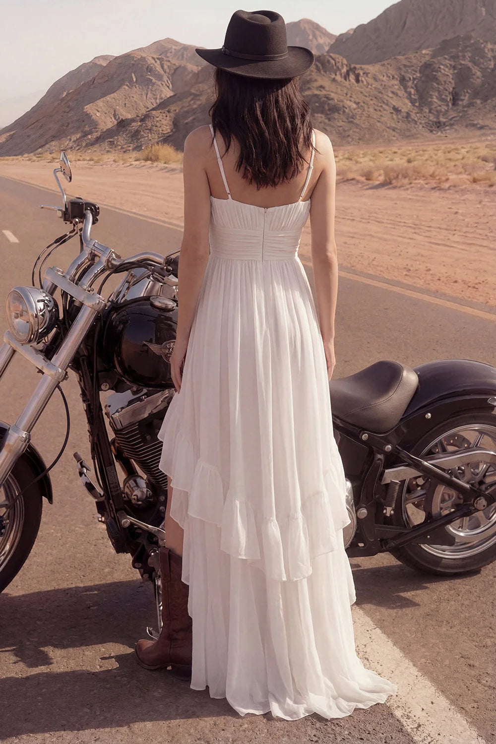 High Low Ruffled A Line Ruched Ivory Wedding Dress