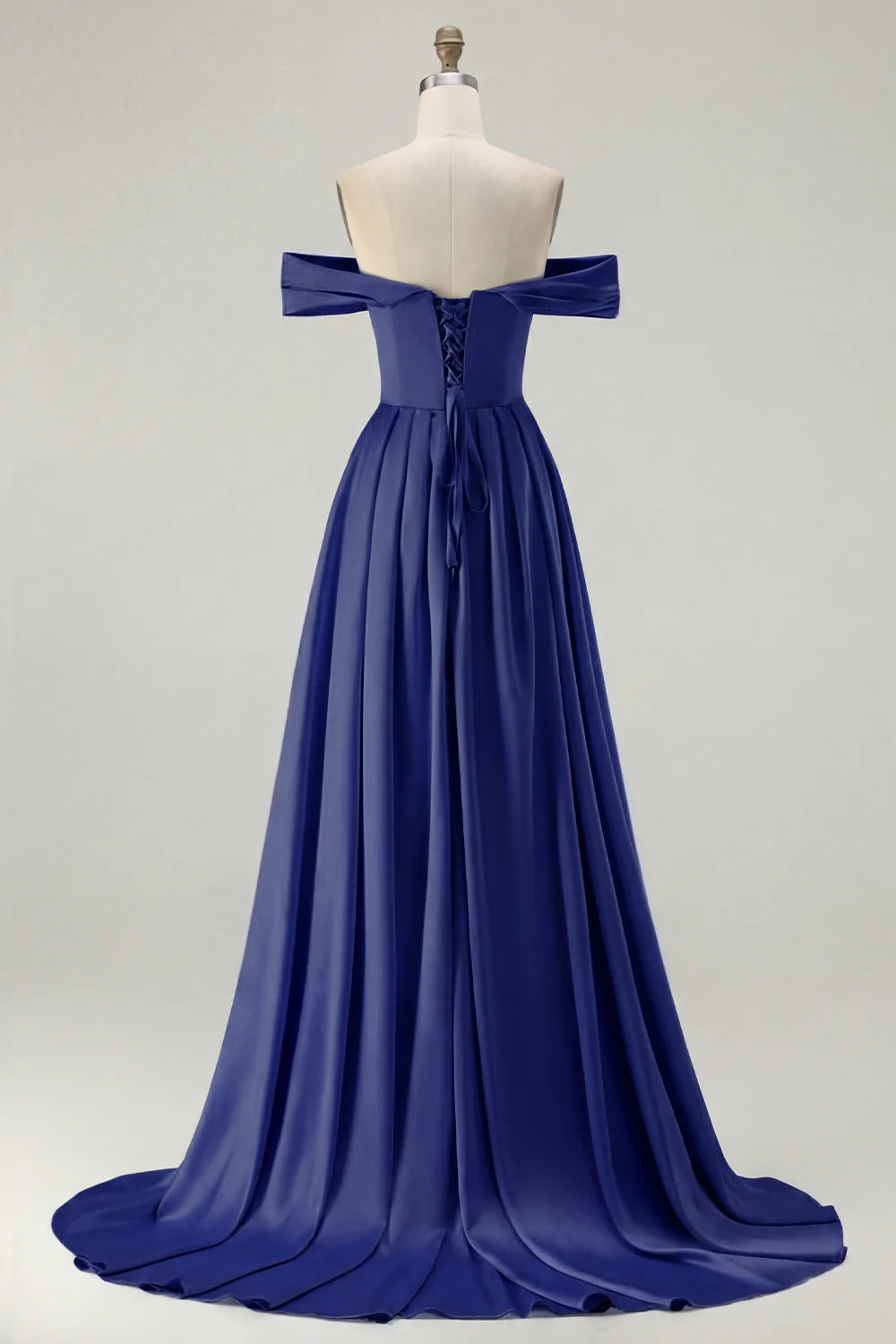 Off the Shoulder A Line Blue Satin Long Bridesmaid Dress with Slit