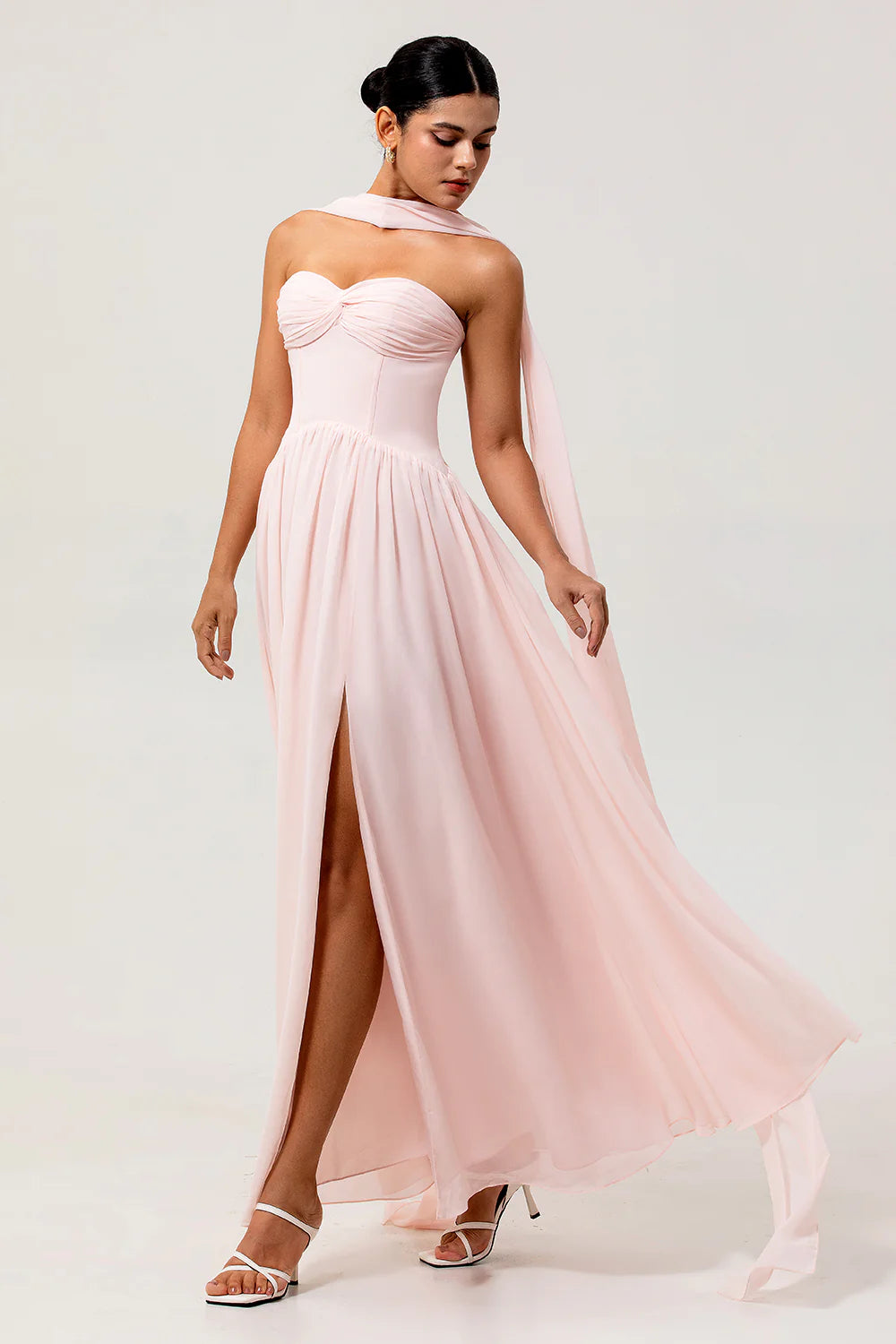 Blush A Line Strapless Ruched Corset Chiffon Convertible Long Plus Size Bridesmaid Dress with Slit