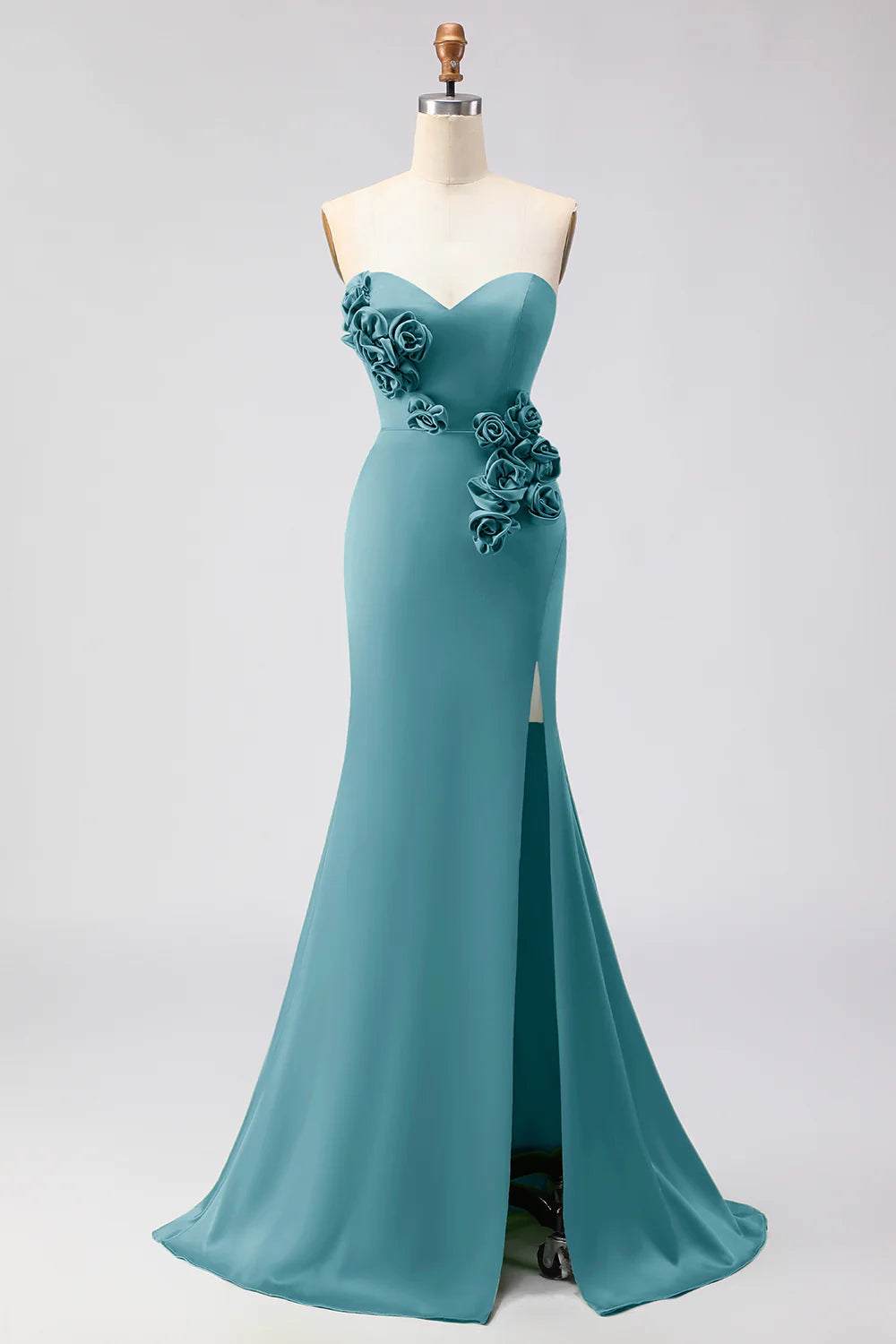 Green Strapless Mermaid 3D Flower Satin Long Prom Dress with Slit