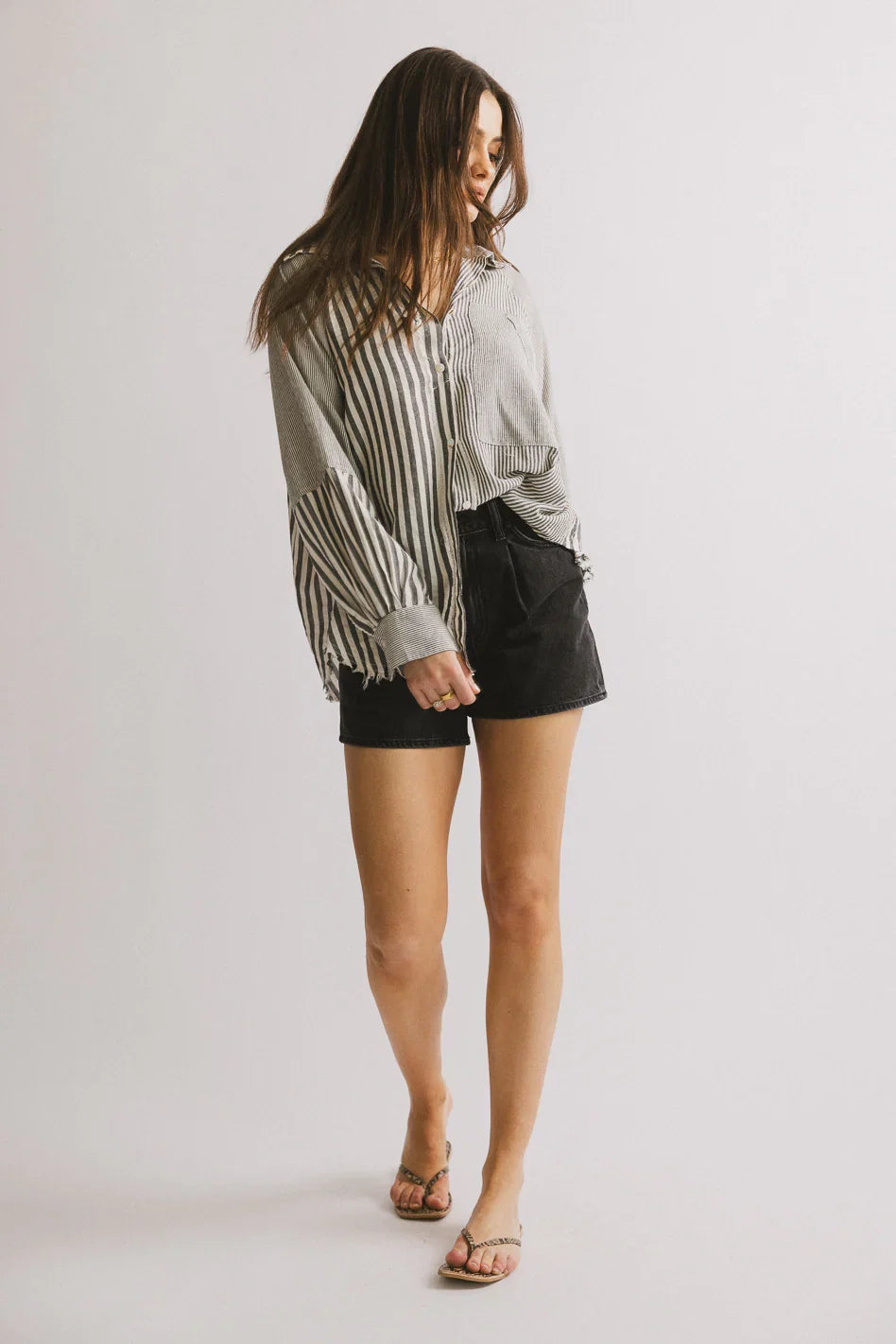 Gia Striped Button Up in Black