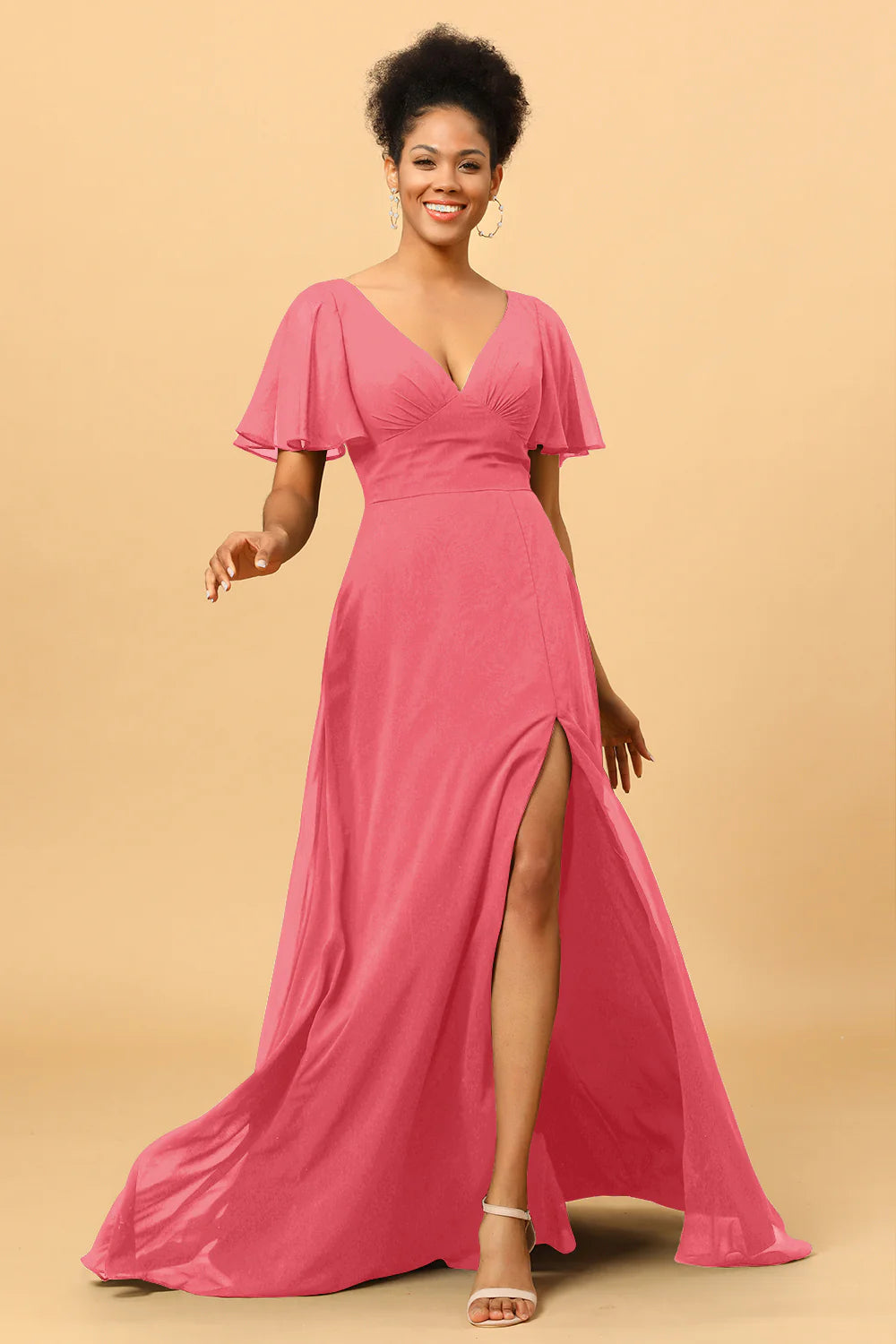 A Line V Neck Long Chiffon Bridesmaid Dress with Slit