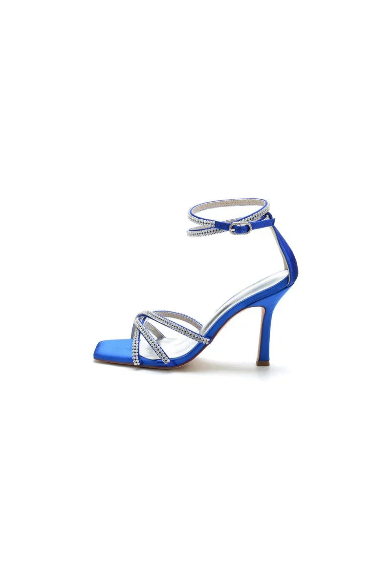 Square Open Toe Beaded Strap Buckle Stiletto Heels