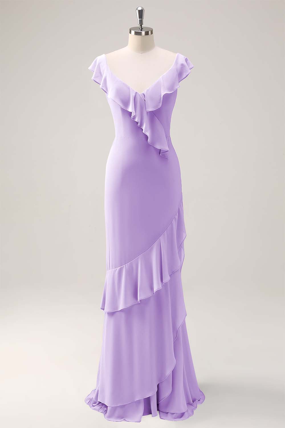 Dusty Sage Sheath V Neck Open Back Chiffon Long Bridesmaid Dress with Ruffles
