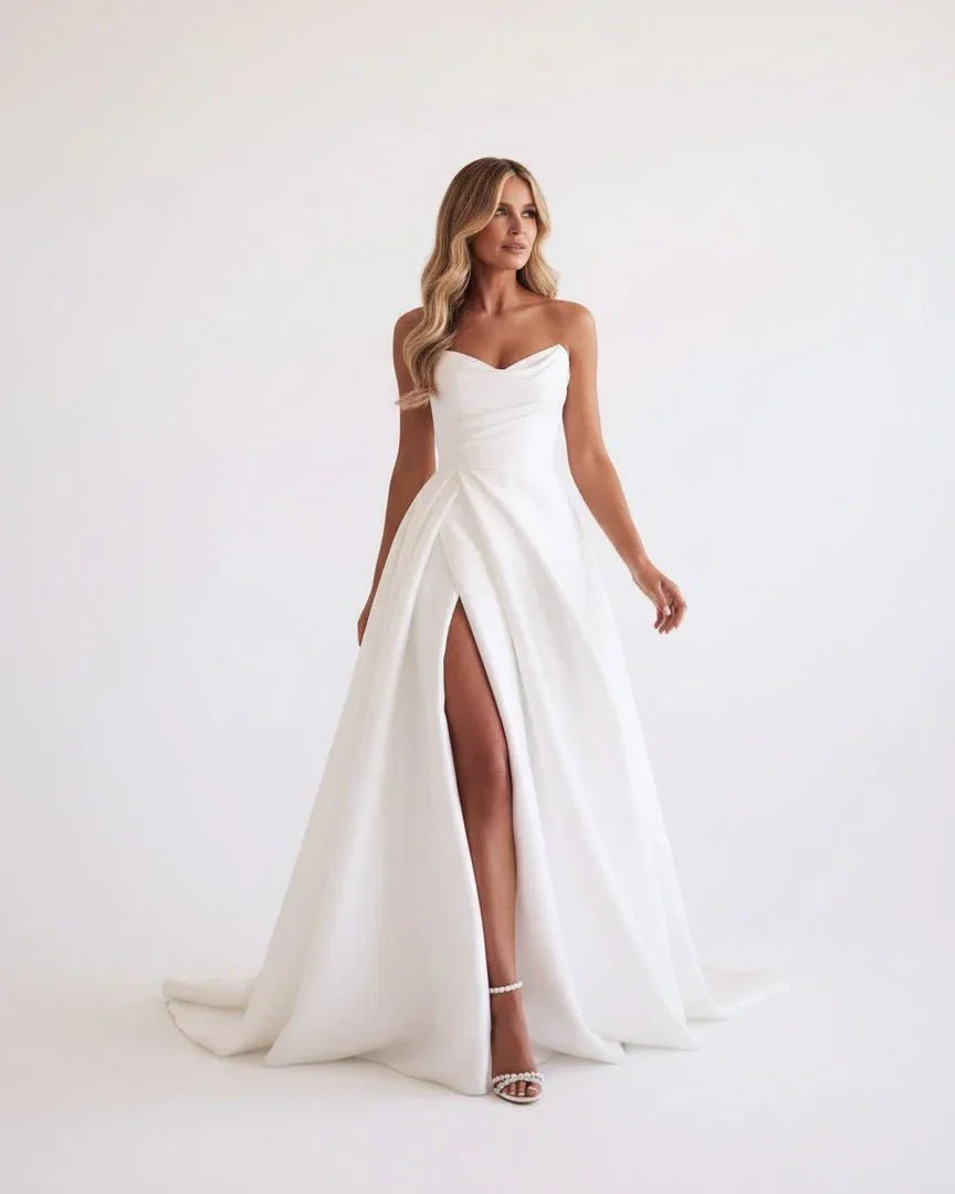 A Line White Sleeveless Satin Wedding Dress With Side Slit