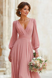Elegant A Line V Neck Dusty Rose Bridesmaid Dress with Long Sleeves