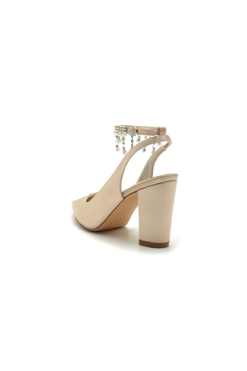 Pointed Toe Satin Chunky Heels With Pearl Tassel