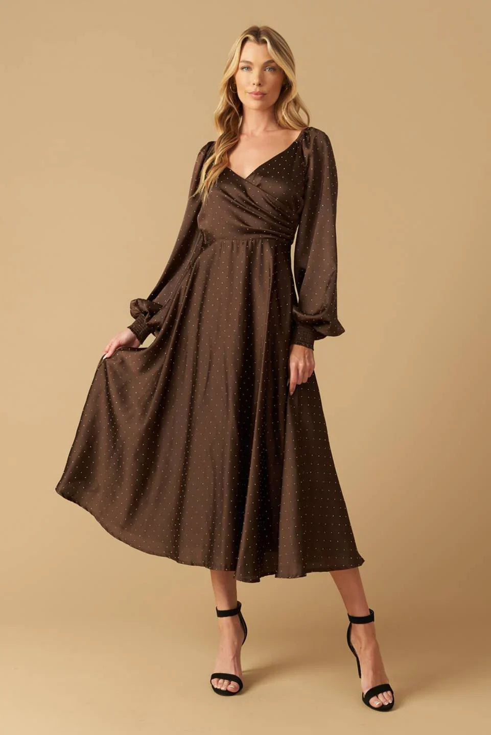 ROMANTIC LOVE BROWN LONG SLEEVE MIDI DRESS FINAL SALE