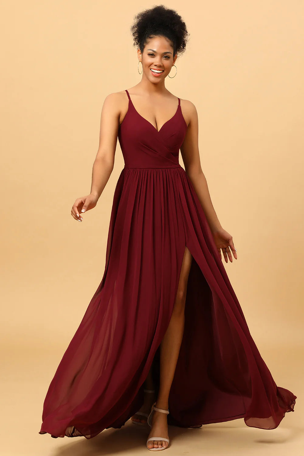 A Line Spaghetti Straps Ruched Long Chiffon Bridesmaid Dress with Slit