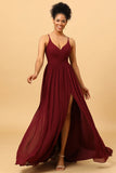 A Line Spaghetti Straps Ruched Long Chiffon Bridesmaid Dress with Slit