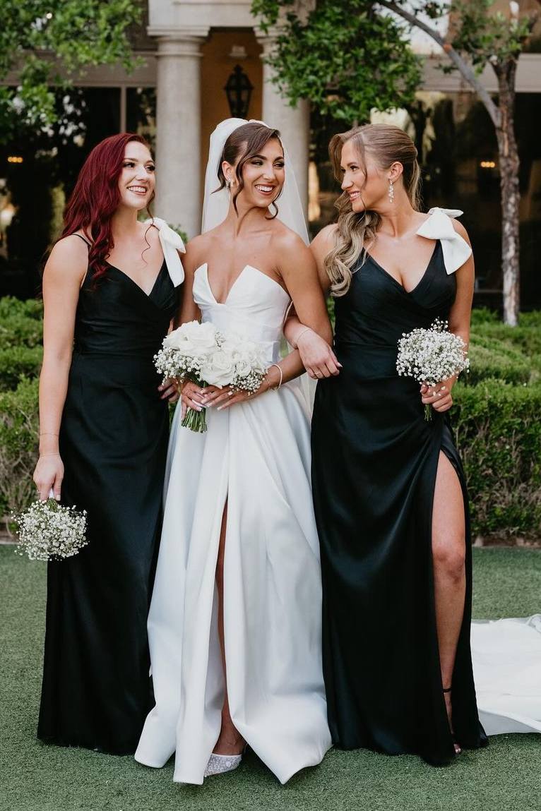 Black V Neck Mermaid Spaghetti Straps Satin Long Bridesmaid Dress with Bow
