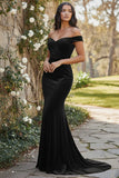 Off The Shoulder Black Mermaid Velvet Long Formal Dress