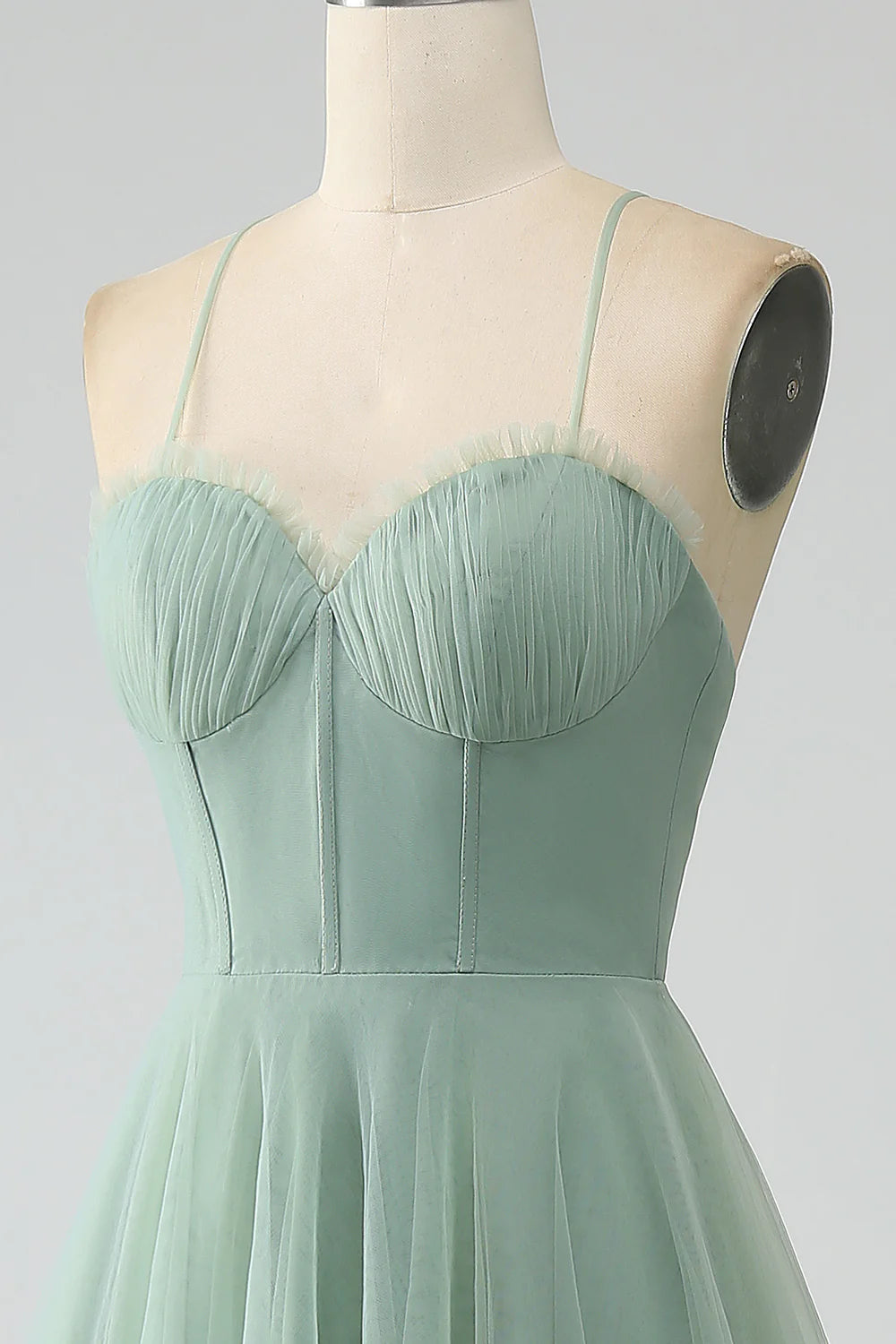 Matcha A Line Spaghetti Straps Tea Length Corset Tulle Bridesmaid Dress