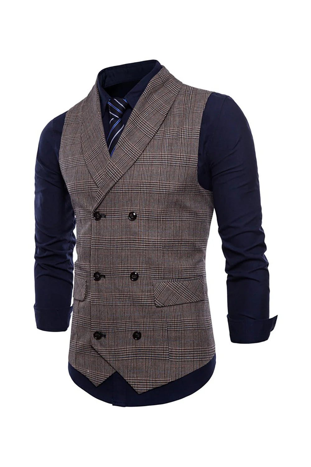 Mens Grey Pinstripe Double Breasted Shawl Lapel Suit Vest