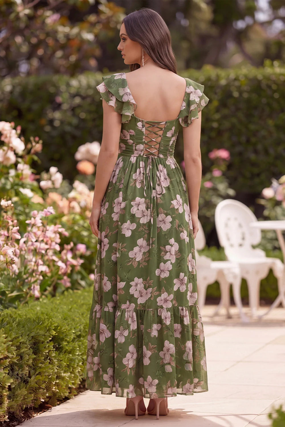 Green Flower A Line Square Neck Wedding Guest Dress with Slit