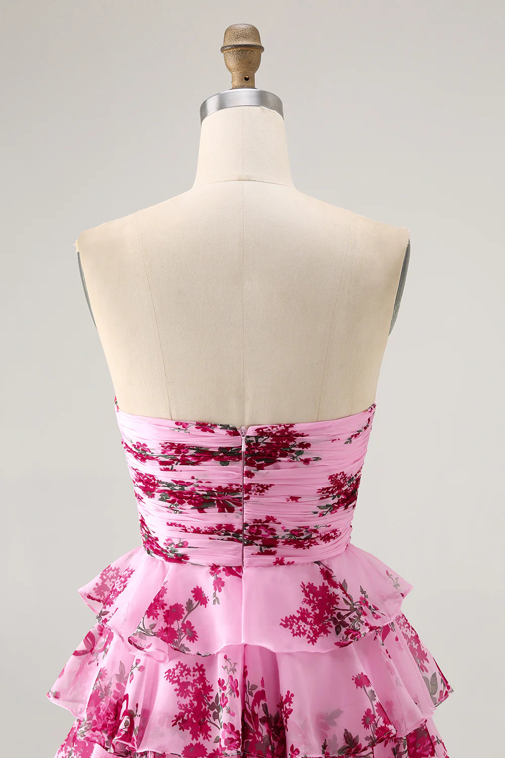 Strapless Pink Flower A line Tiered Short Homecoming Dress with Bow