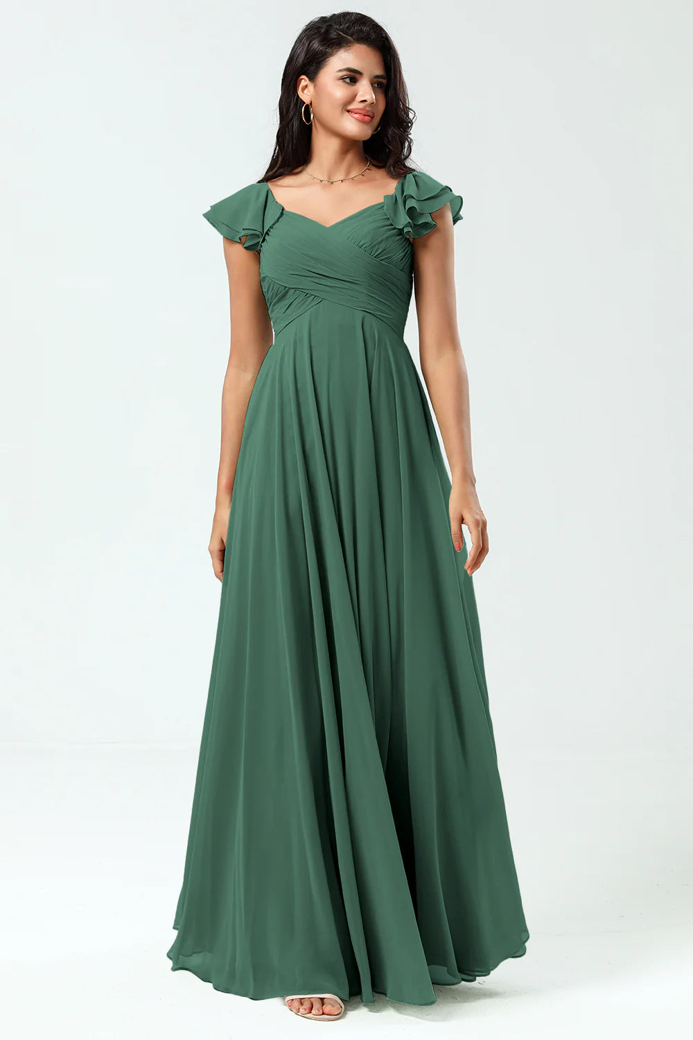 Lace Up Back Cross A Line Chiffon Bridesmaid Dress with Ruffles