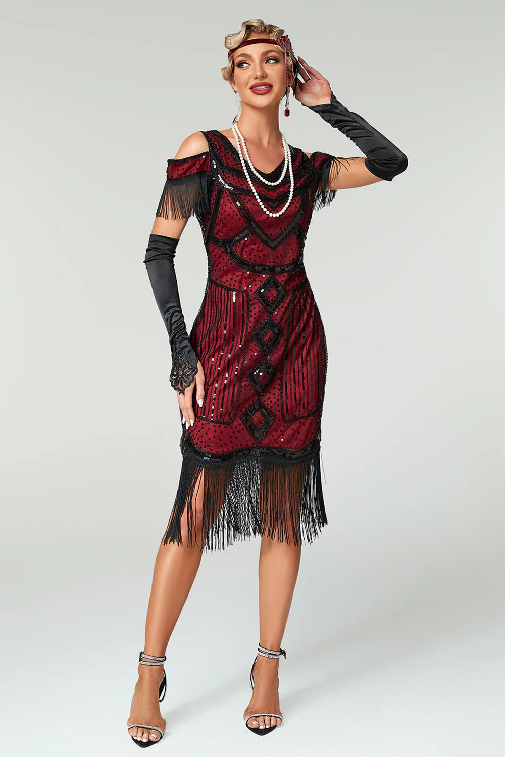 Cold Shoulder Black Fringed Sheath Sequins 1920s Dress