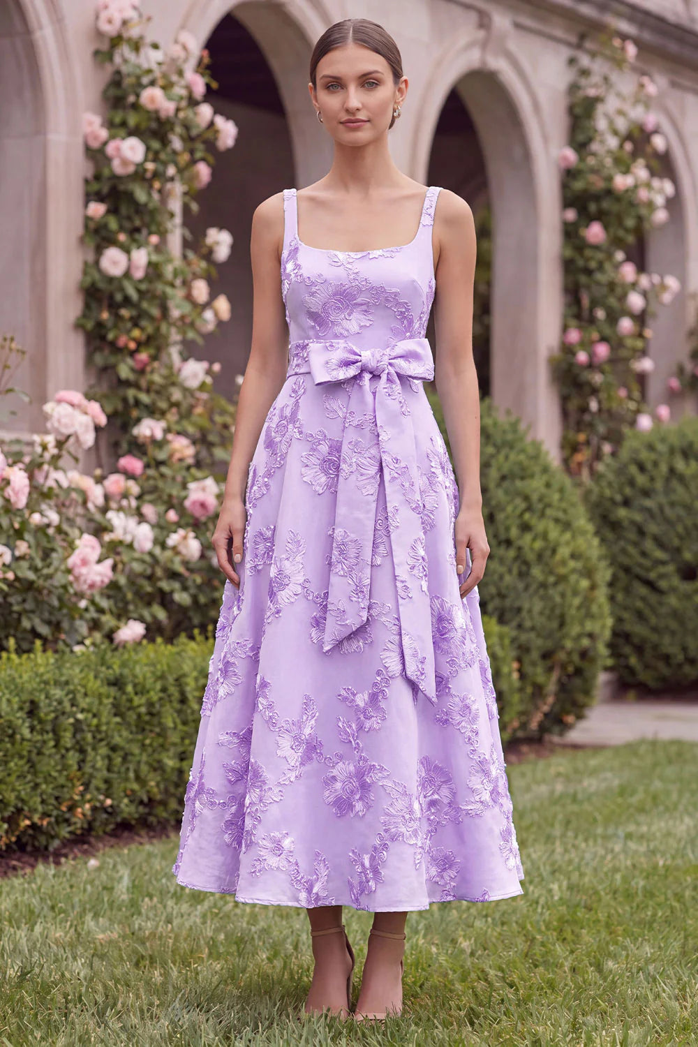 Sage Floral A Line Embroidery Square Neck Wedding Guest Dress with Bow