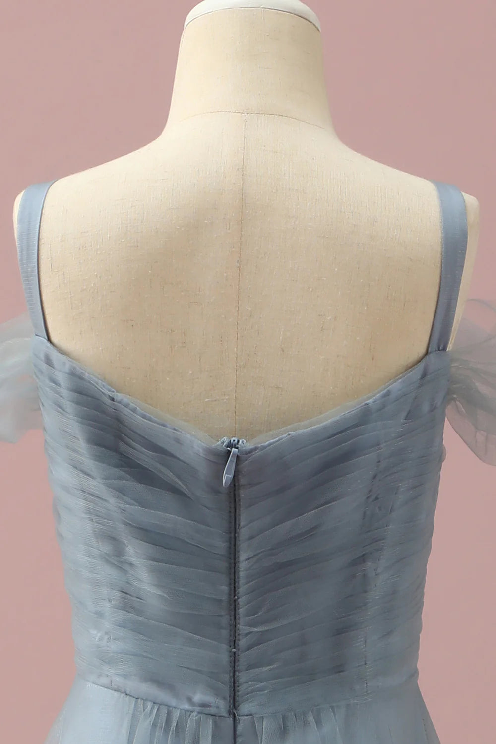 Grey Blue A Line Cold Shoulder Floor Length Tulle Junior Bridesmaid Dress