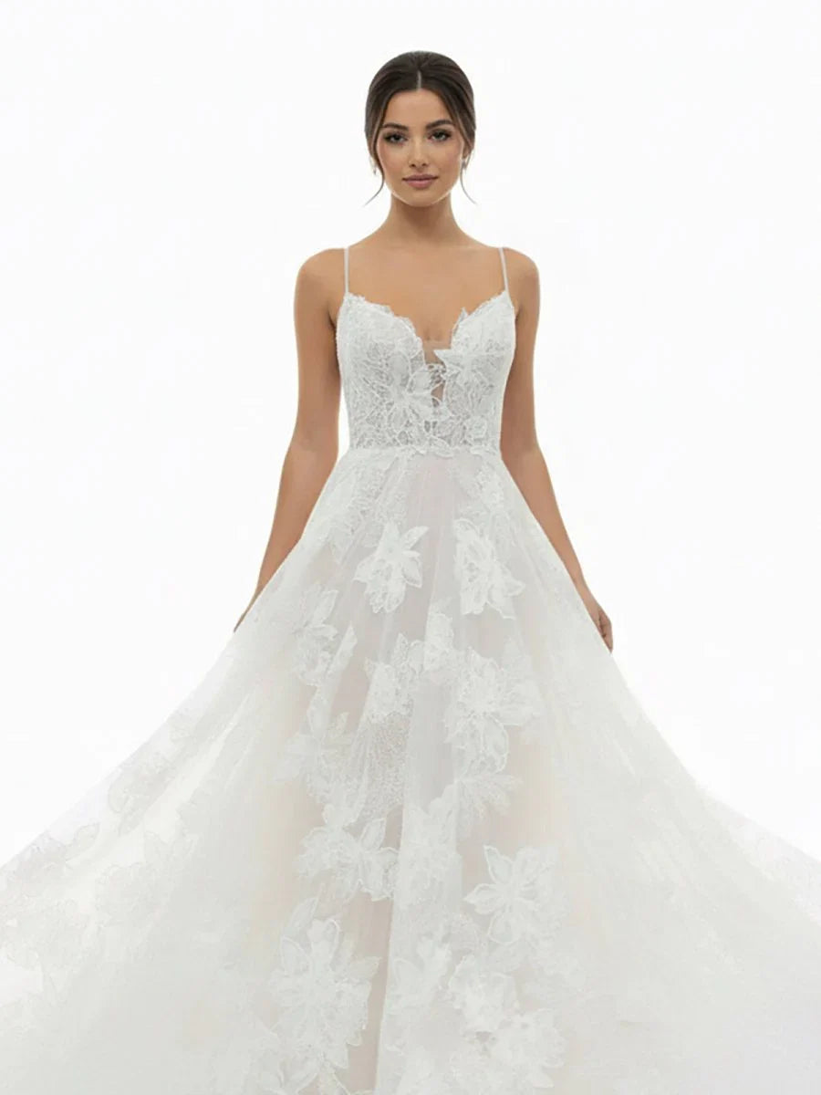 Boho White A Line Lace Appliques Wedding Dress