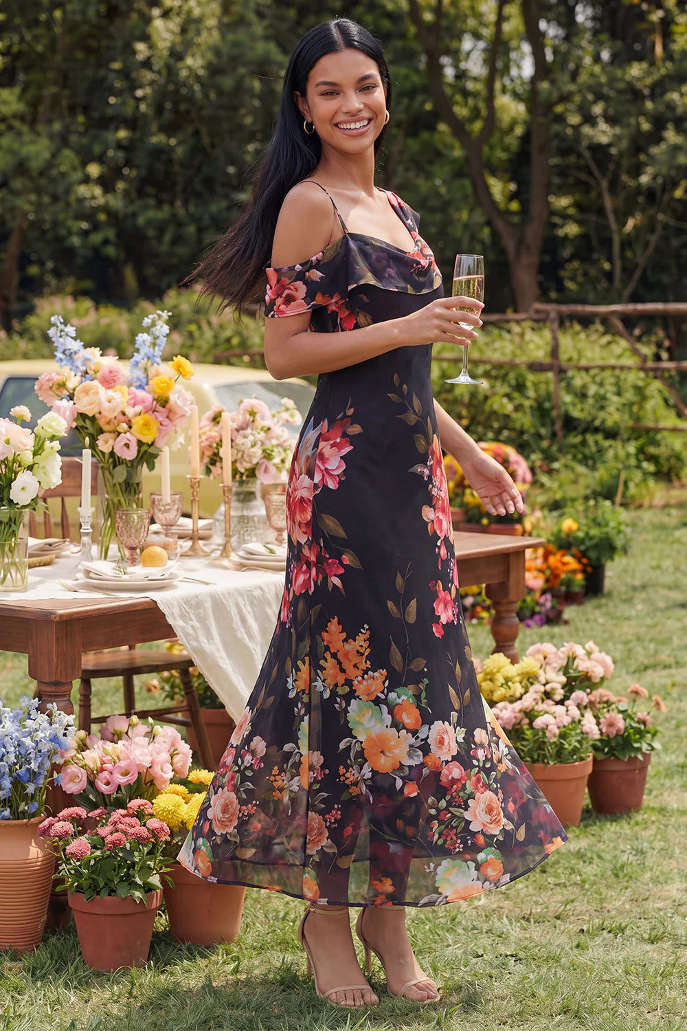 Champagne Asymmetrical Neck Floral Wedding Guest Dress