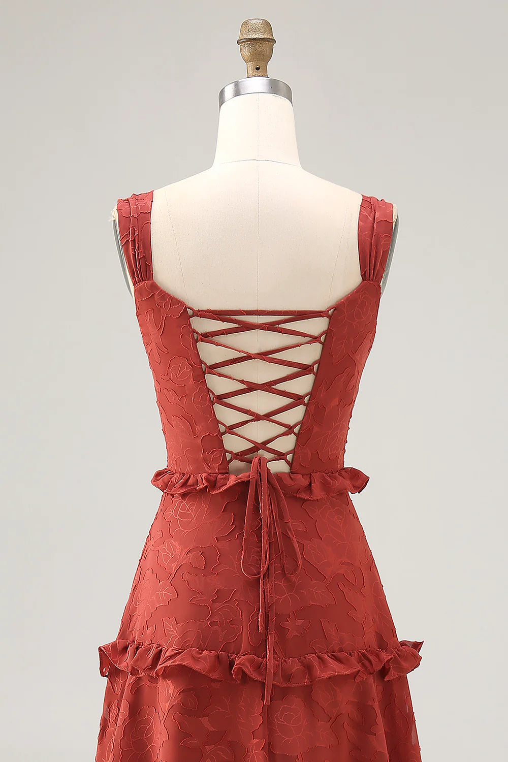 Terracotta A line Ruffled Floral Burnout Maxi Bridesmaid Dress with Lace Up Back