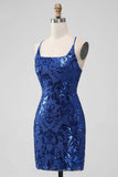 Royal Blue Bodycon Sequins Short Homecoming Dress with Lace up Back