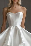 Strapless A Line Satin White Short Graduation Dress
