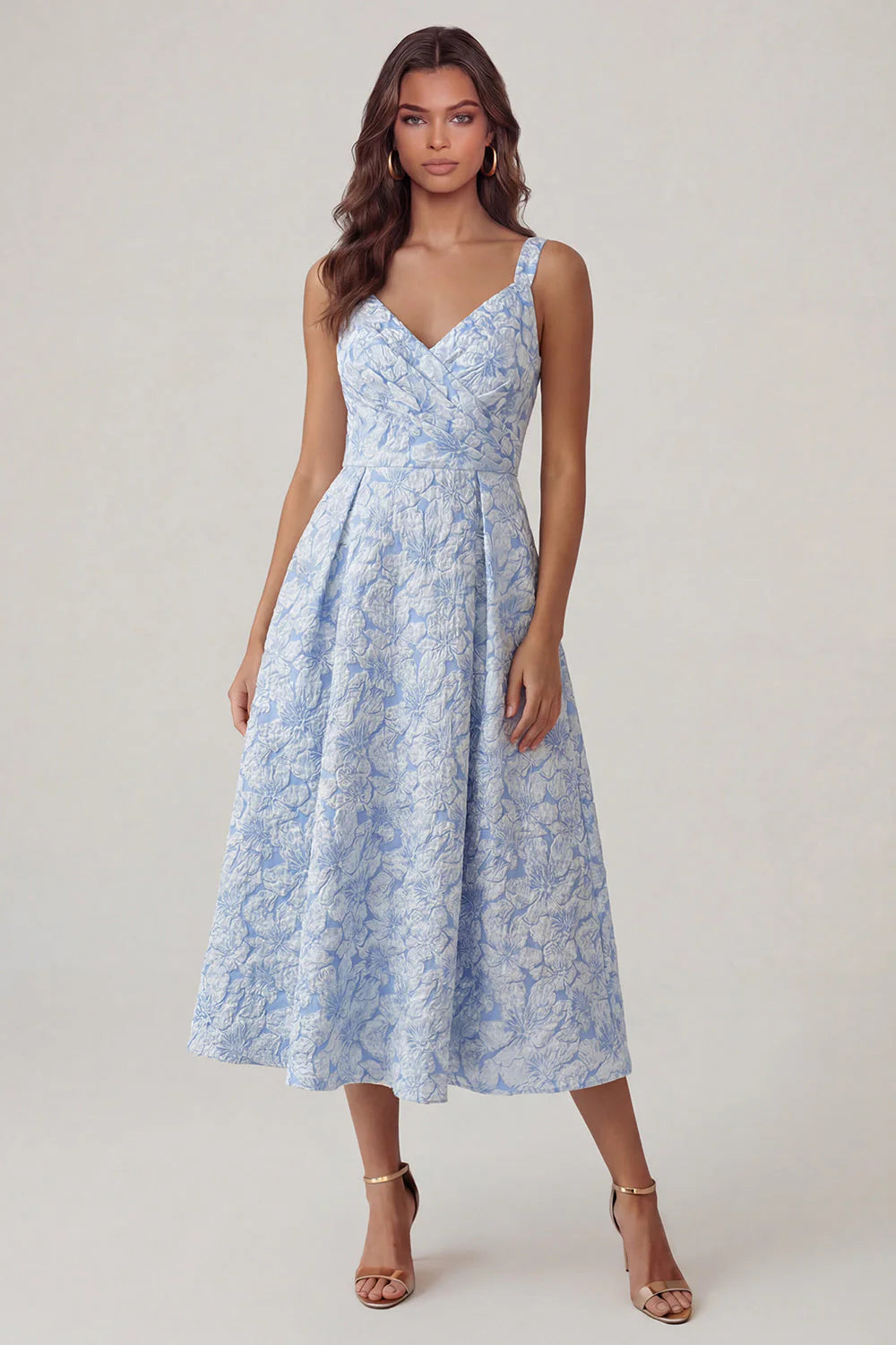 Blue Jacquard A Line Midi Wedding Guest Dress