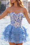 Sky Blue Sweetheart Floral Tiered A Line Homecoming Dress with Lace up Back