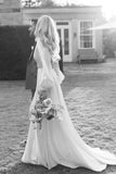 A Line Long Sleeves Satin Wedding Dresses with V Neck