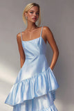Light Blue A Line Tiered Ruffle Spaghetti Straps Long Formal Dress