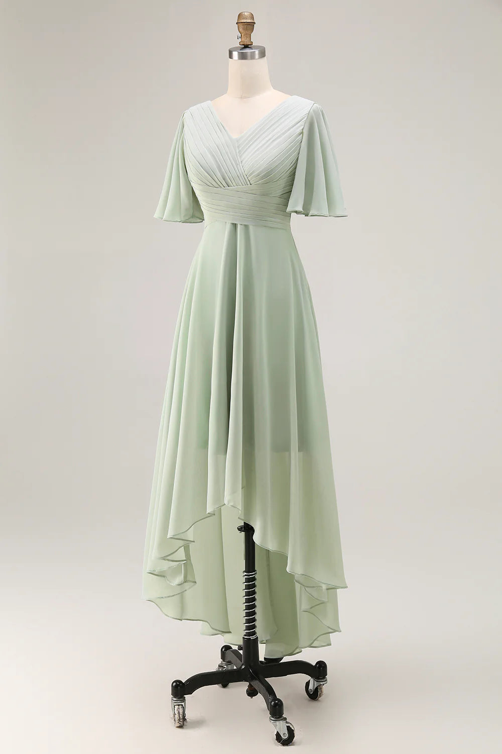 Sage Green A Line Chiffon Pleated High Low Bridesmaid Dress with Short Sleeves