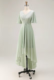 Sage Green A Line Chiffon Pleated High Low Bridesmaid Dress with Short Sleeves
