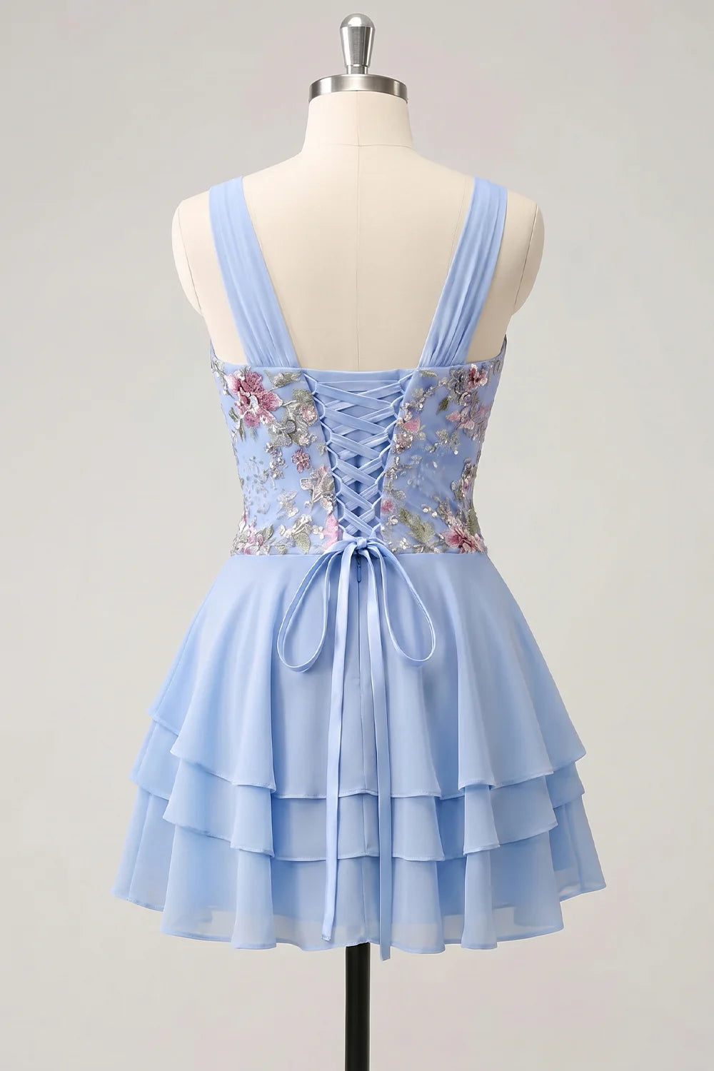 Pink Floral Appliqued V Neck Tiered A Line Homecoming Dress