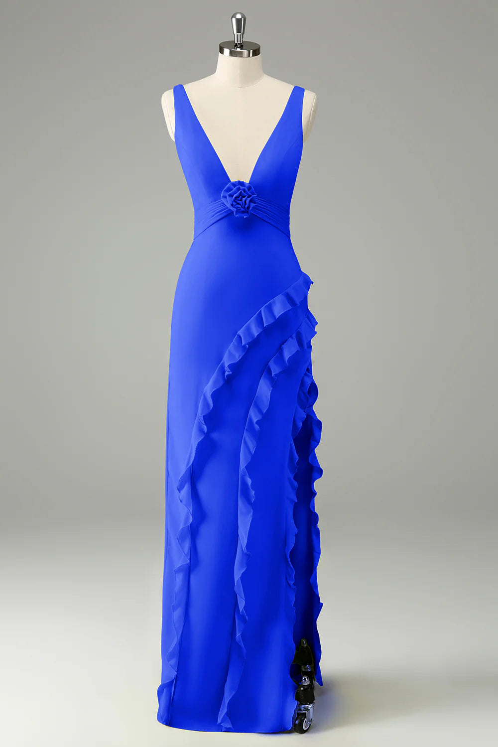 Lime A Line V Neck Floral Ruffle Open Back Bridesmaid Dress with Slit