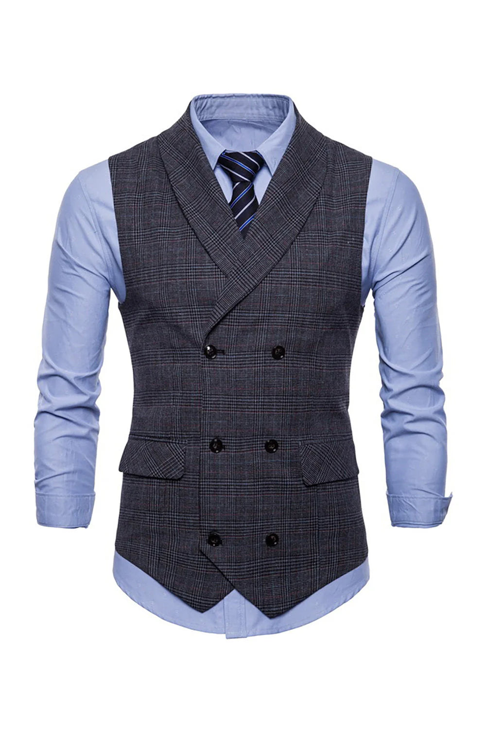 Mens Grey Pinstripe Double Breasted Shawl Lapel Suit Vest