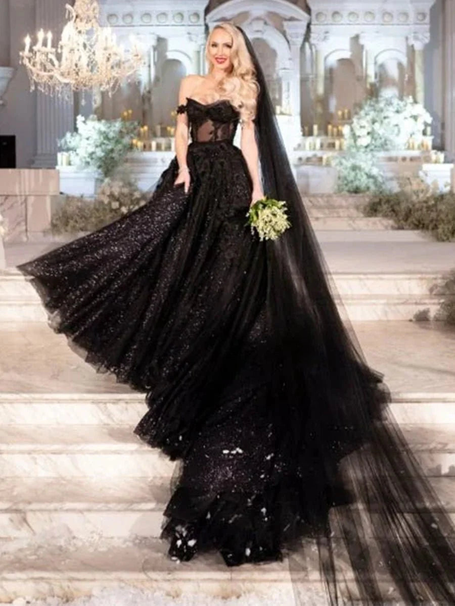 A Line Black Gothic Wedding Dresses with Sequin Lace Appliques