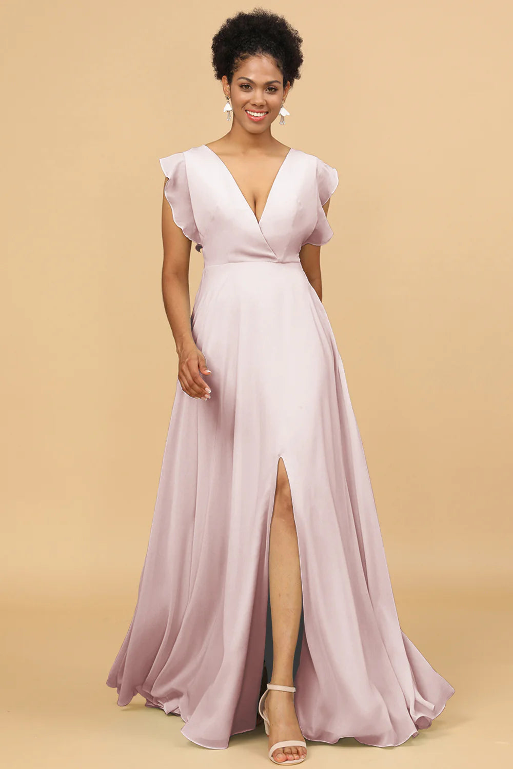A Line V Neck Floor Length Chiffon Bridesmaid Dress with Slit