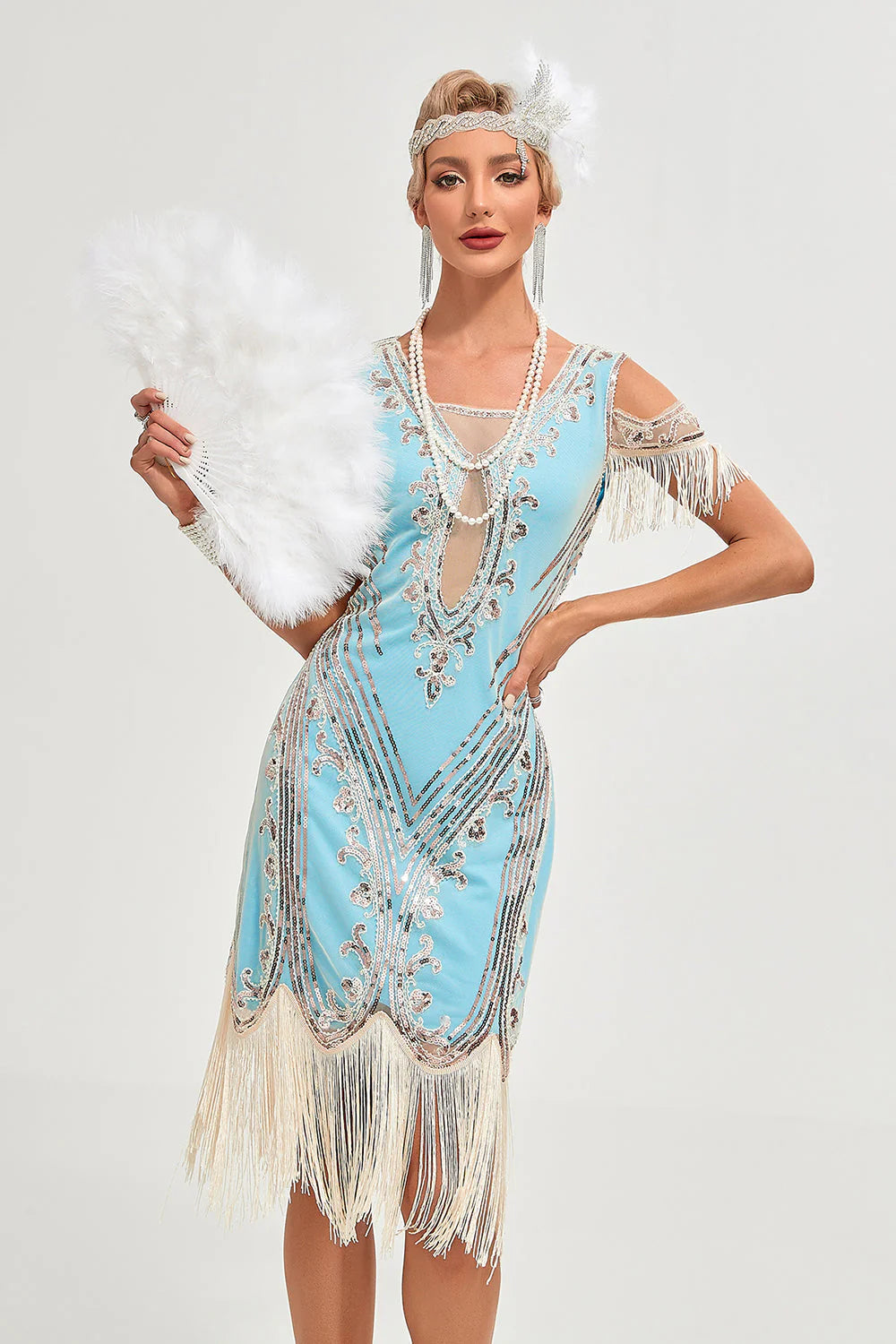 Black Cold Shoulder Sequins Fringes Flapper Gatsby Dress