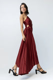 Asymmetrical Pleated Maxi Dress in Wine